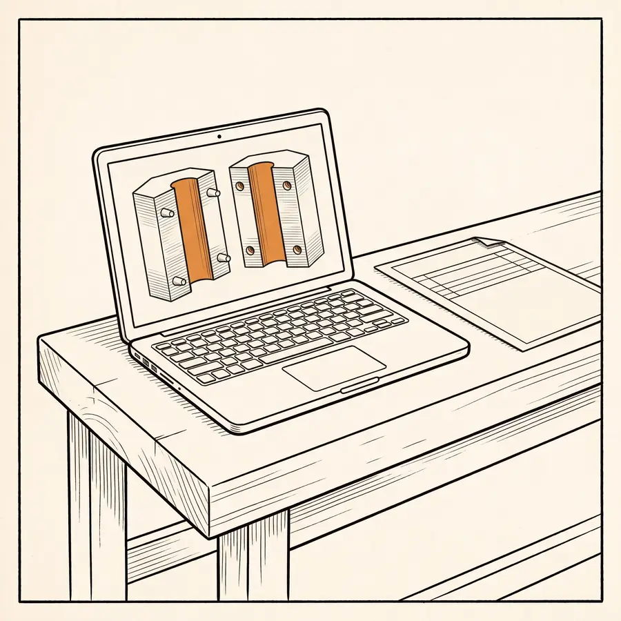 A laptop on a workbench showing the two mould halves the tool has built: one with pins, one with sockets, each with a channel for the toy in orange. A printed sheet lies beside it.