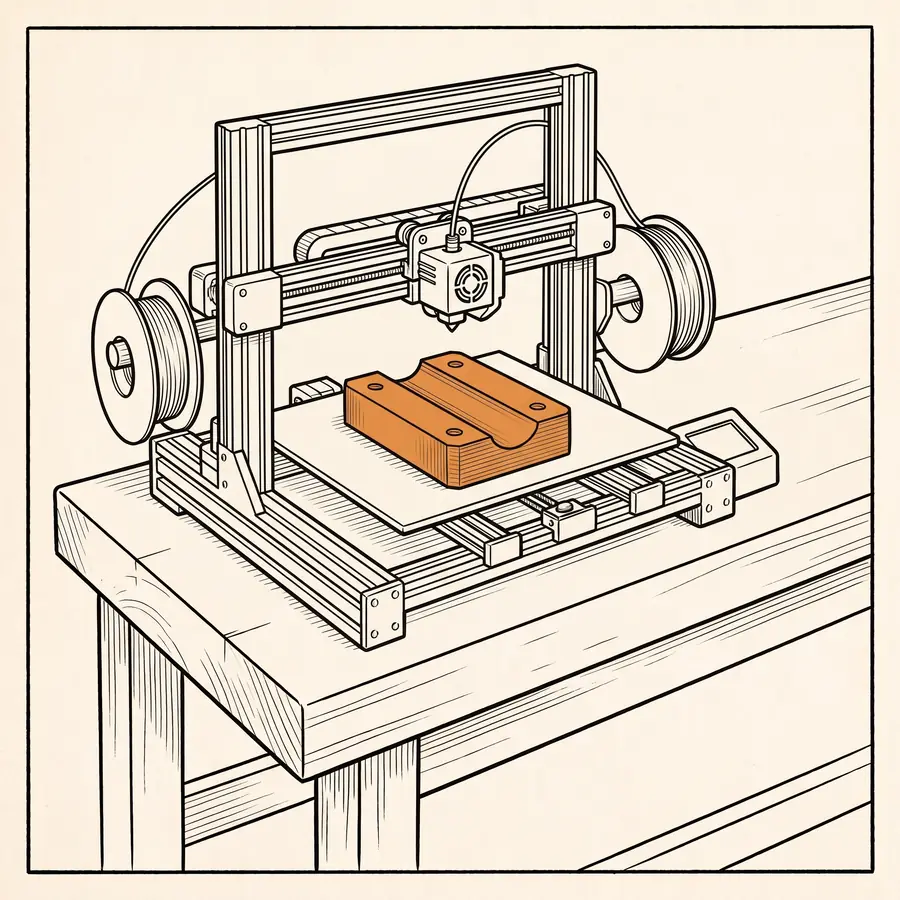 A 3D printer on a workbench printing one half of the mould. The printed half, the one orange part, has a groove for the toy down its length and four socket holes.