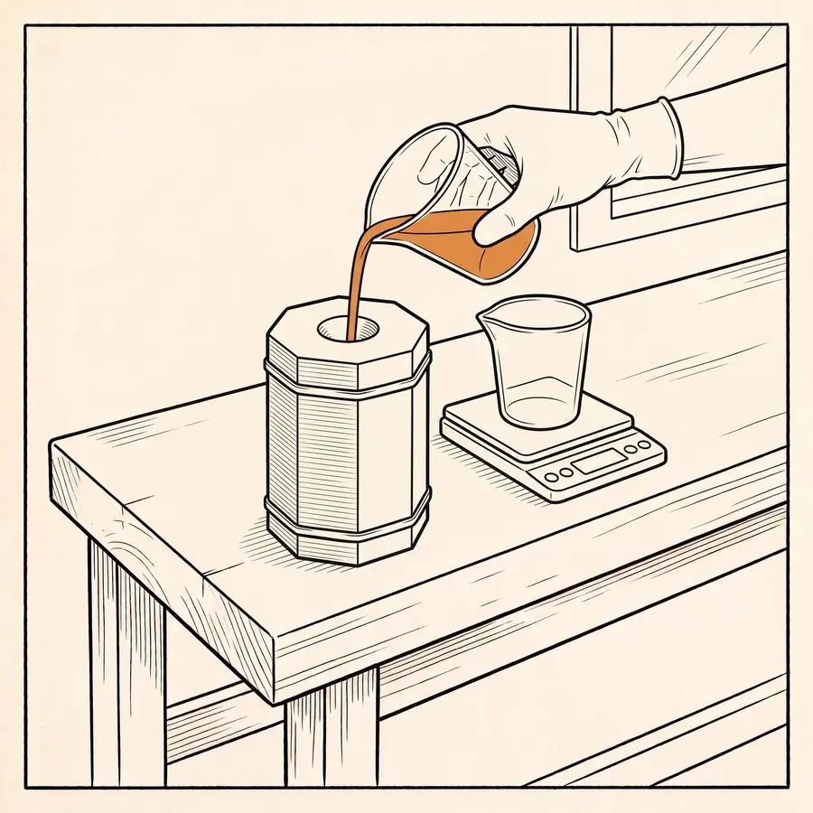 A gloved hand pours mixed silicone, in orange, from a beaker into the funnel on top of the closed mould, which stands upright with rubber bands round it. A second cup stands on a scale.